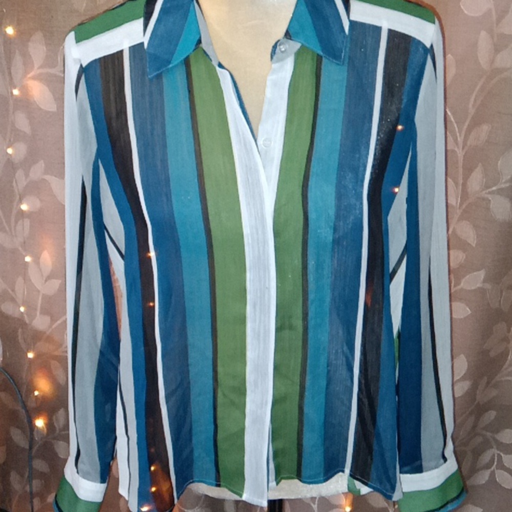 ~INC Small Striped Sheer Button Down Blouse